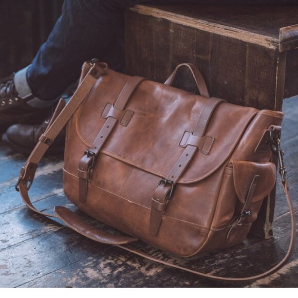 Whipping Post mens' all leather large messenger bag with buckle closure - Picture 1 of 16